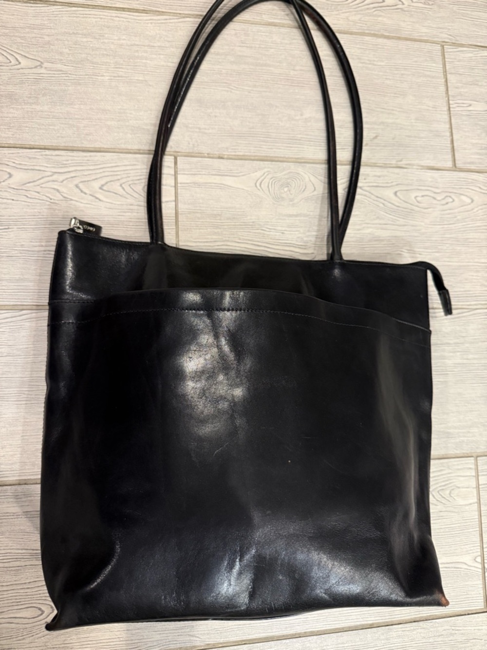 Hobo International Black Glazed Leather Tote Bag with Double Shoulder Straps